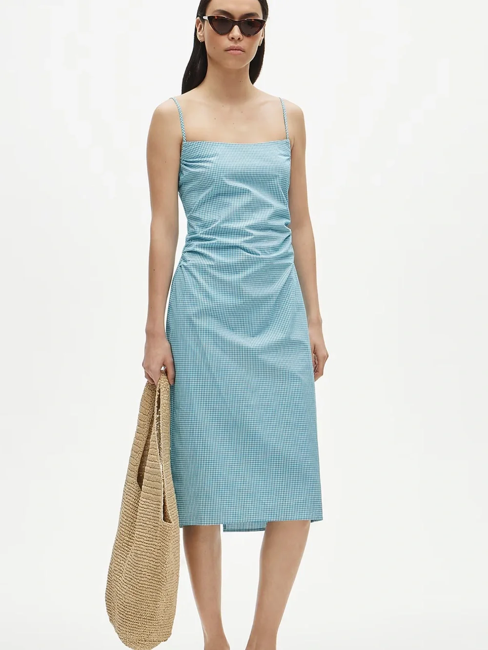 NWT Ruched sheath dress in gingham stretch poplin